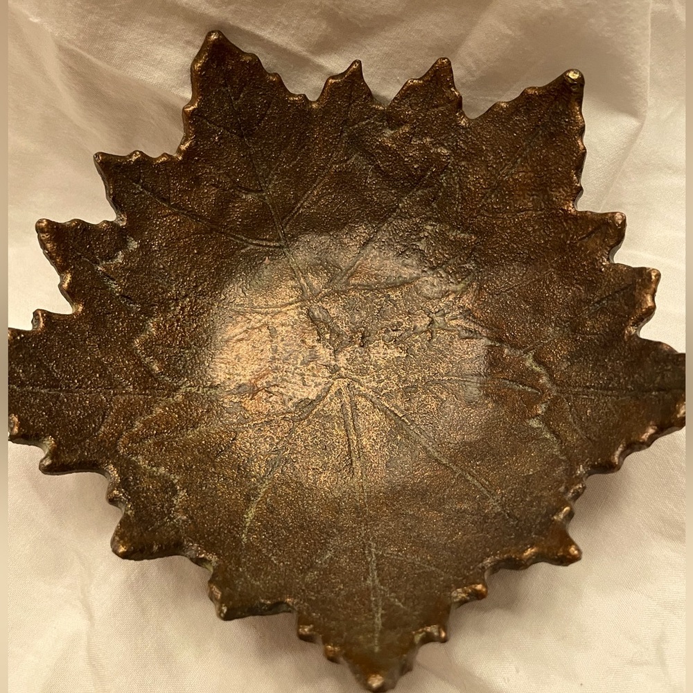 Vintage - Heavy cast metal (bronze???) bowl - maple leaves -piece of metal art